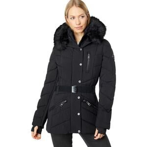 Michael Kors Active Belted Puffer with Faux Fur Trim Hood - BLACK